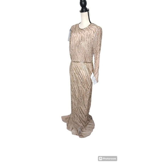 Mac Duggal Long Sleeve Beaded Column Evening Gown Embellished Size 12 Mocha 5240 - Picture 4 of 16